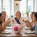 Woman wearing black Mother of the Groom hen party sash at a decorated brunch table with prosecco and pink flowers