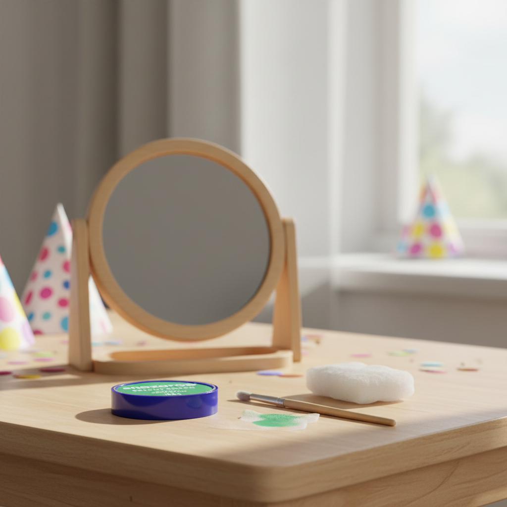 Snazaroo Bright Green Face Paint pot on wooden craft table with brush and sponge, natural window light lifestyle shot