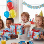 Excited child at birthday party with Paw Patrol wrapped presents