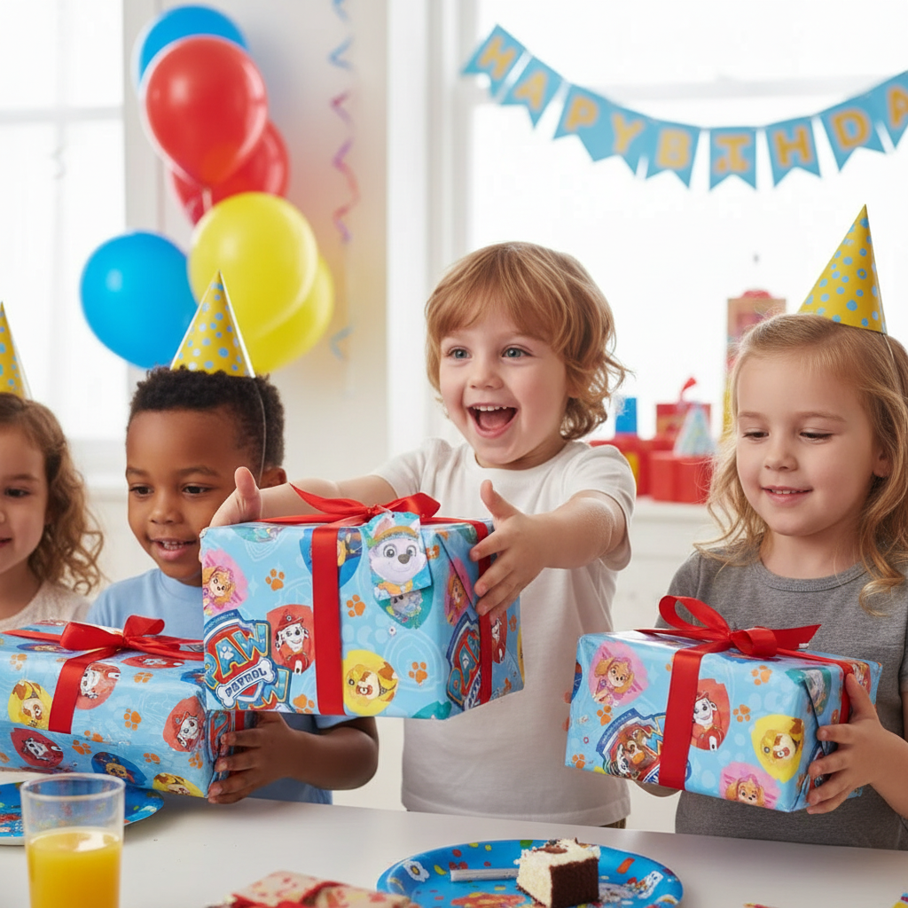 Excited child at birthday party with Paw Patrol wrapped presents