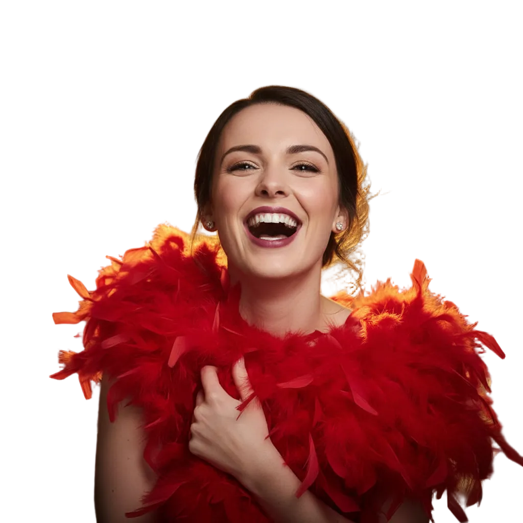 A woman with dark hair pulled back, wearing a bright red feather boa around her shoulders, set against a solid white background.