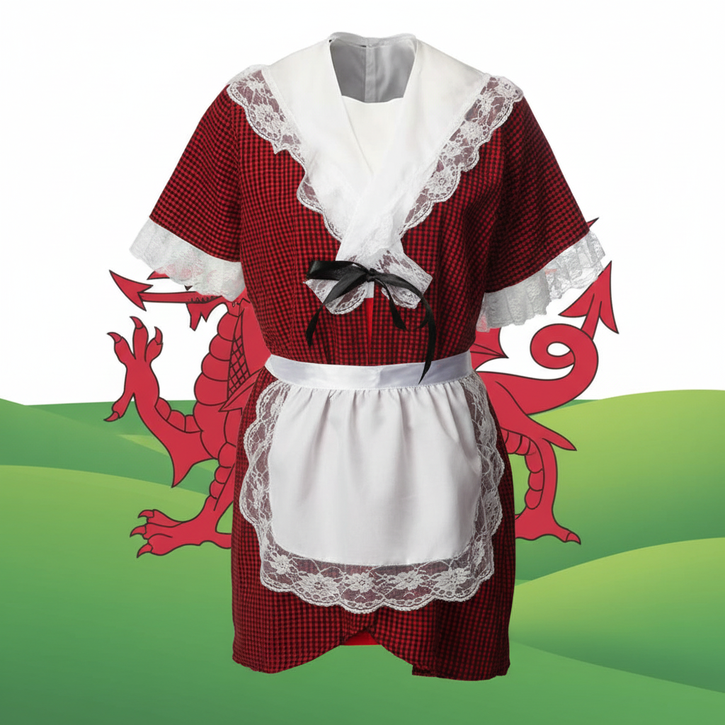 Traditional Welsh child costume in red checked fabric with white lace trim, apron and black ribbon for ages 7-8 years
