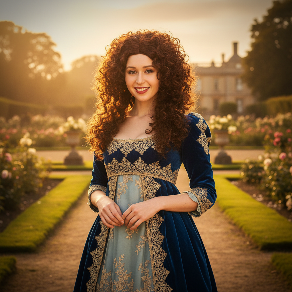 Woman in long curly brown wig in period drama costume at golden hour — confident transformation
