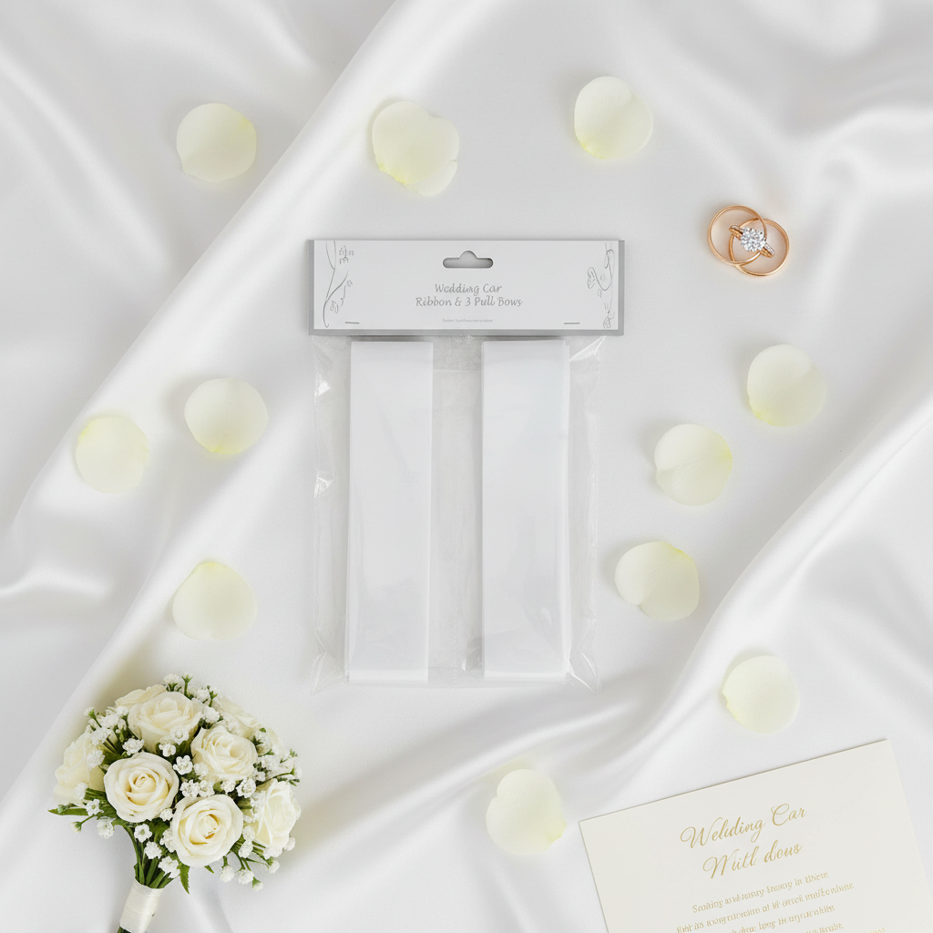 Flat lay of white wedding car ribbon and pull bows with roses, rings and wedding invitation on silk