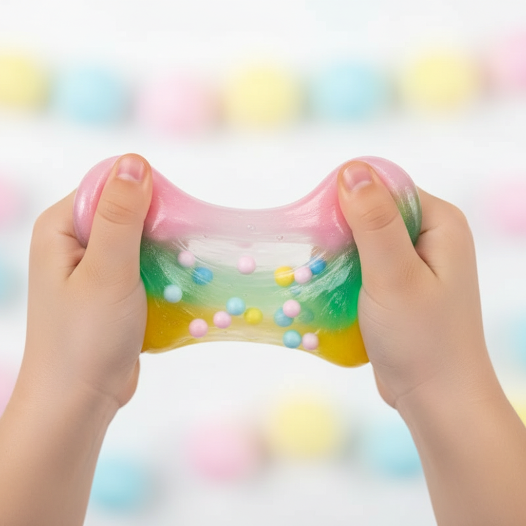 Close-up of child's hands stretching colourful layered slime with pastel boba beads from the Giggletastic Boba Slime Stack Toy