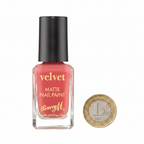 Barry M Velvet Matte Nail Paint Burning Sand 243 – flat lay beside UK £1 coin on white background showing 10ml bottle size