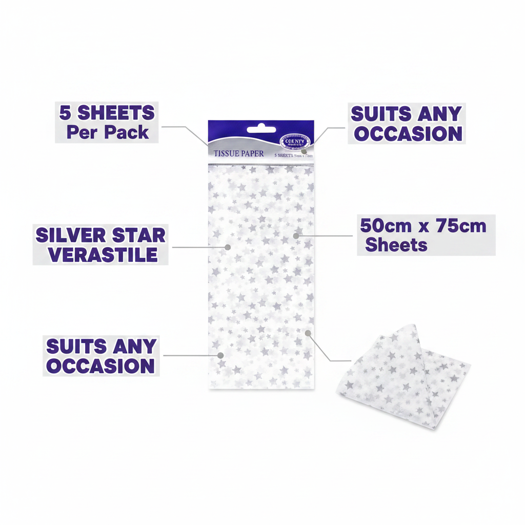Silver star tissue paper feature callout infographic showing 5 sheets, silver star print and size