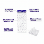 Silver star tissue paper feature callout infographic showing 5 sheets, silver star print and size