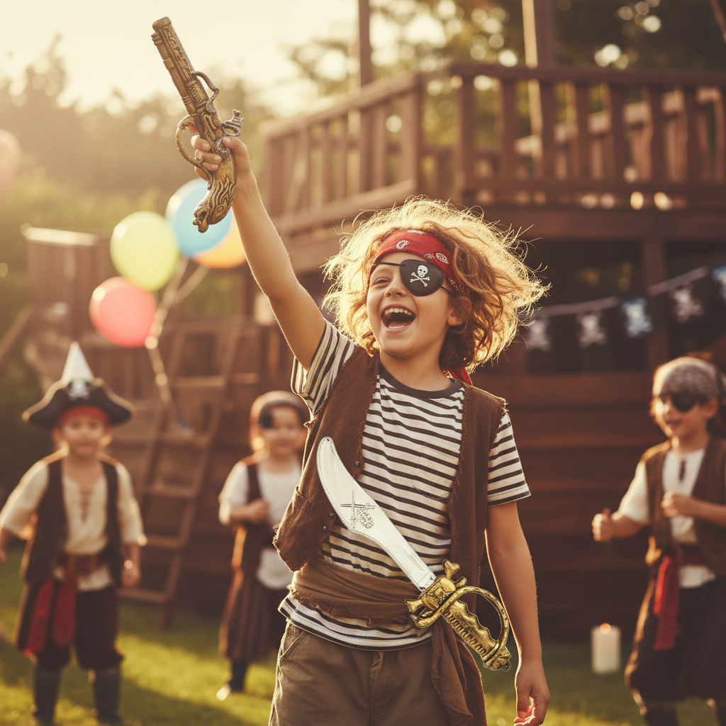 Child in pirate costume at birthday party laughing with joy holding pirate sword and pistol