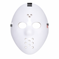 White hockey mask with oval eye openings, ventilation holes and black and red side markings on white