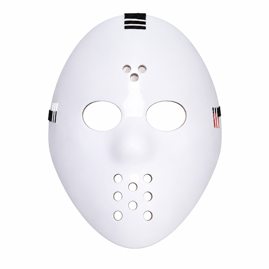 White hockey mask with oval eye openings, ventilation holes and black and red side markings on white