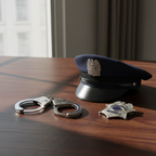 Chrome metal handcuffs on dark wooden surface beside police hat and badge, natural window light