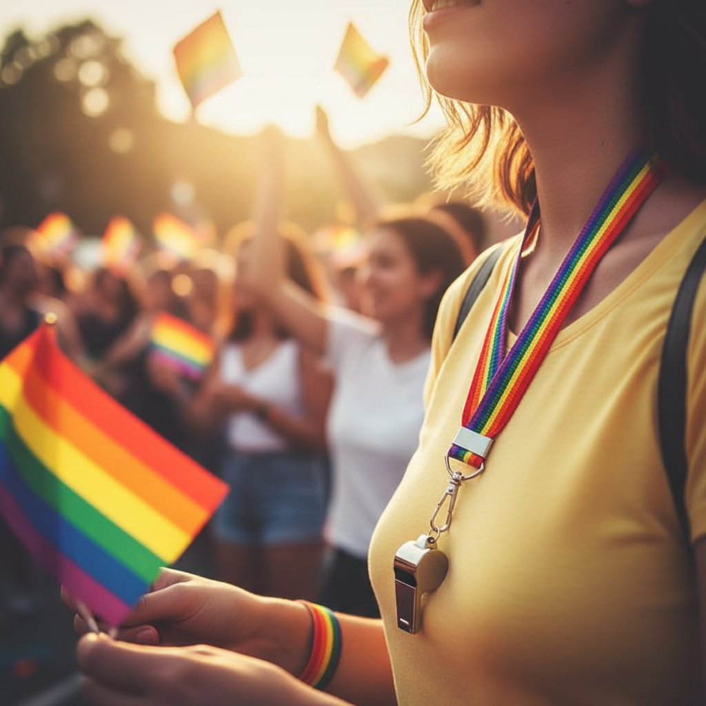 Gay Pride silver metal whistle with rainbow lanyard worn at Pride parade in warm golden hour light