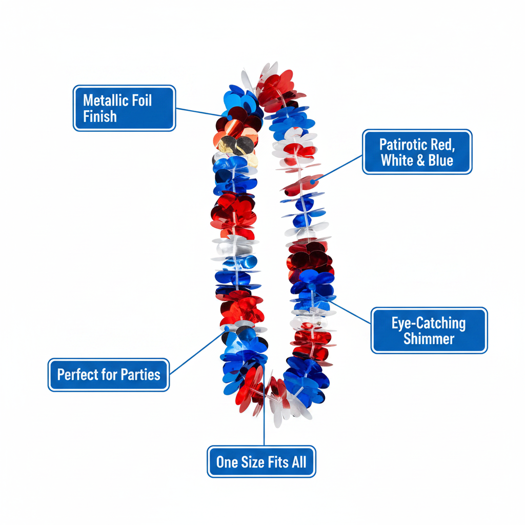 Metallic red, white and blue Hawaiian lei feature infographic with 5 A+ callout labels on white background