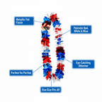 Metallic red, white and blue Hawaiian lei feature infographic with 5 A+ callout labels on white background