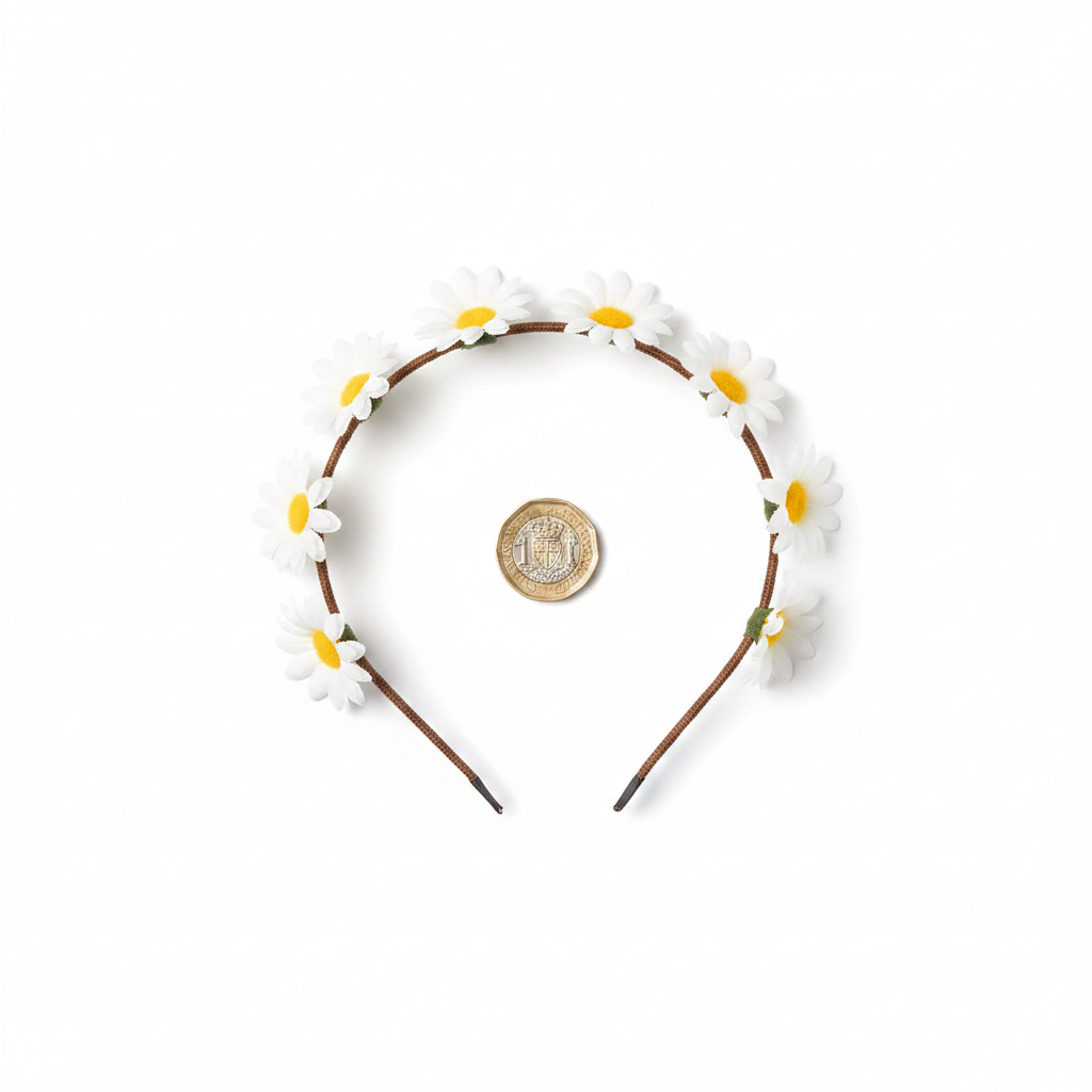 Good Quality Daisy Hairband beside a £1 coin on white background showing product size — flat lay