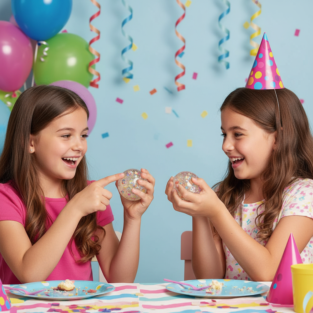 Two girls at a birthday party comparing their Scrunchems Pets Diddy Squish Stress Balls with balloons and streamers in background