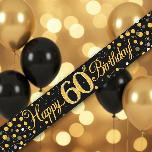 9ft Sparkling Fizz 60th Birthday Banner in black and gold holographic - premium party decoration