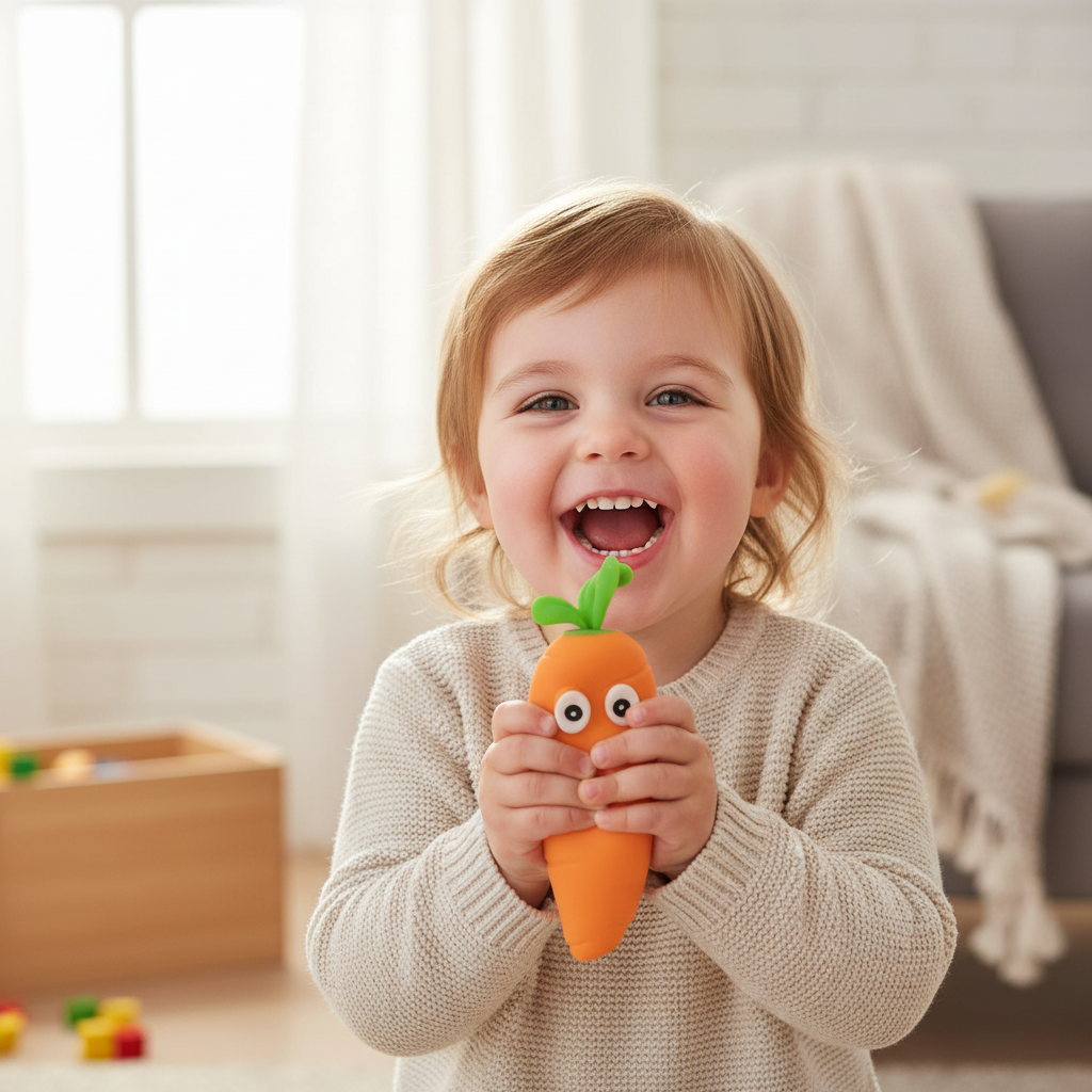Happy child holding and smiling with Crazy Squeezy Carrot squishy toy