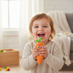Happy child holding and smiling with Crazy Squeezy Carrot squishy toy