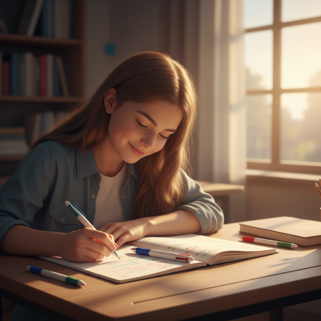 Student's tidy desk with open notebook filled with colourful handwritten notes and Tiger Stationery 4-colour pen in warm golden afternoon light
