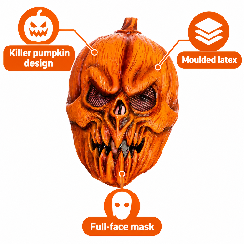 Killer pumpkin mask with callouts for its design, moulded latex and full-face coverage