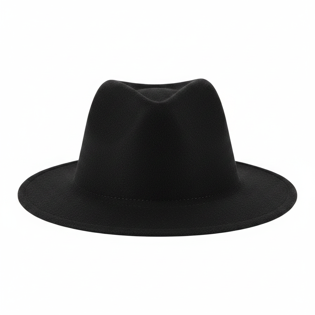 Classic black fedora hat on pure white background, studio lighting, Amazon hero shot