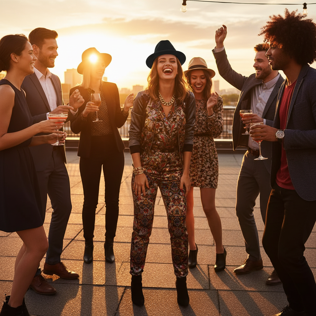 Stylish adult wearing black trilby hat at a party, laughing with friends, showing the outcome of owning the hat