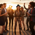 Stylish adult wearing black trilby hat at a party, laughing with friends, showing the outcome of owning the hat