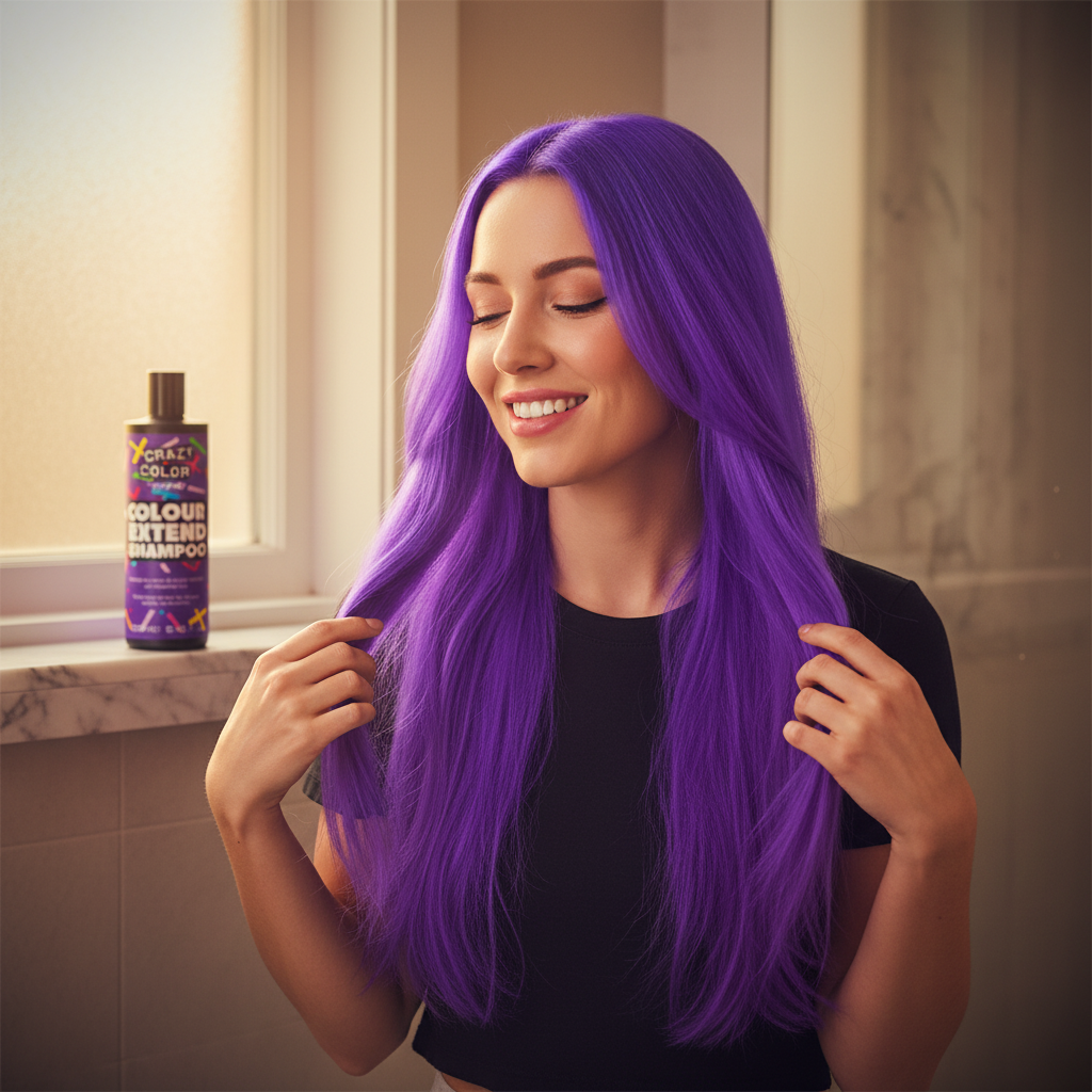 Woman with vibrant purple coloured hair smiling in golden hour bathroom light with Crazy Color Colour Extend Shampoo on shelf