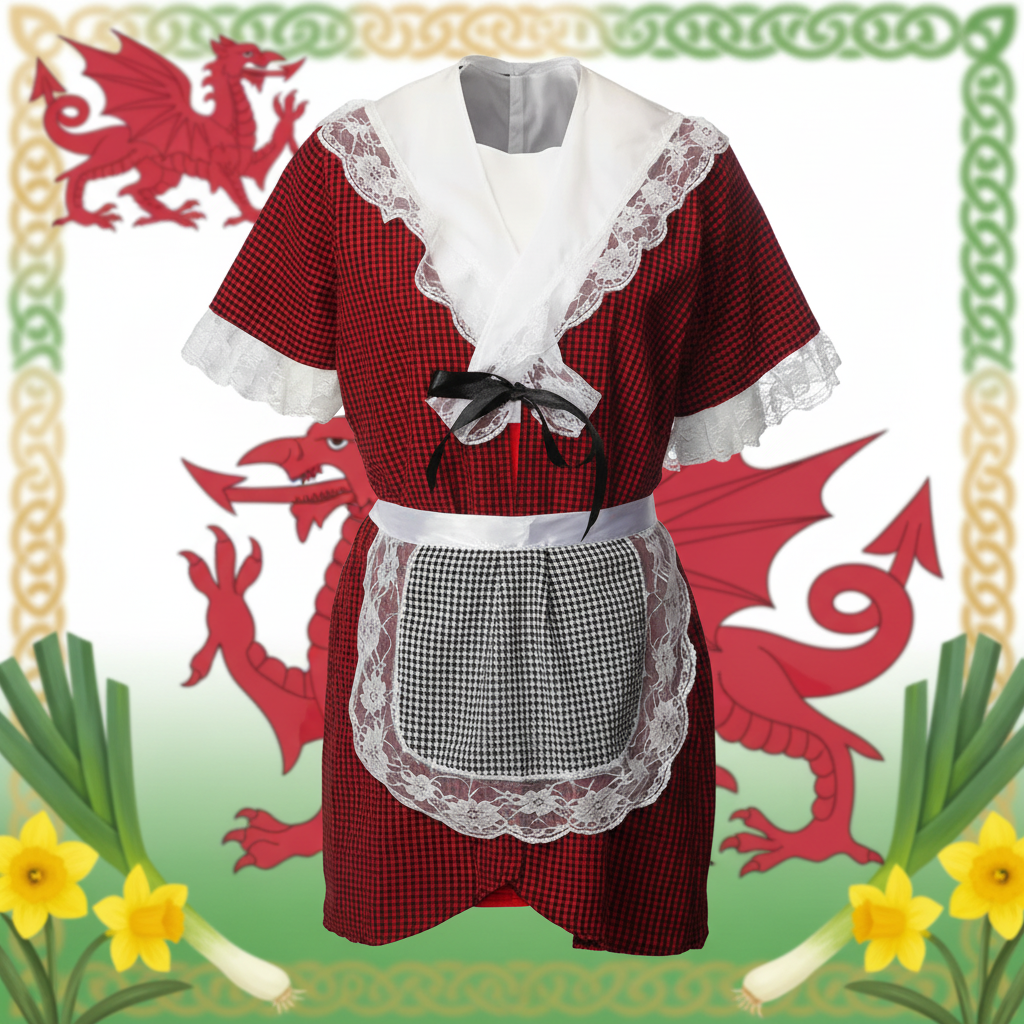 Traditional Welsh Costume Small UK Size 8-10 with red and black checkered fabric, white lace trim and decorative apron on Welsh themed background
