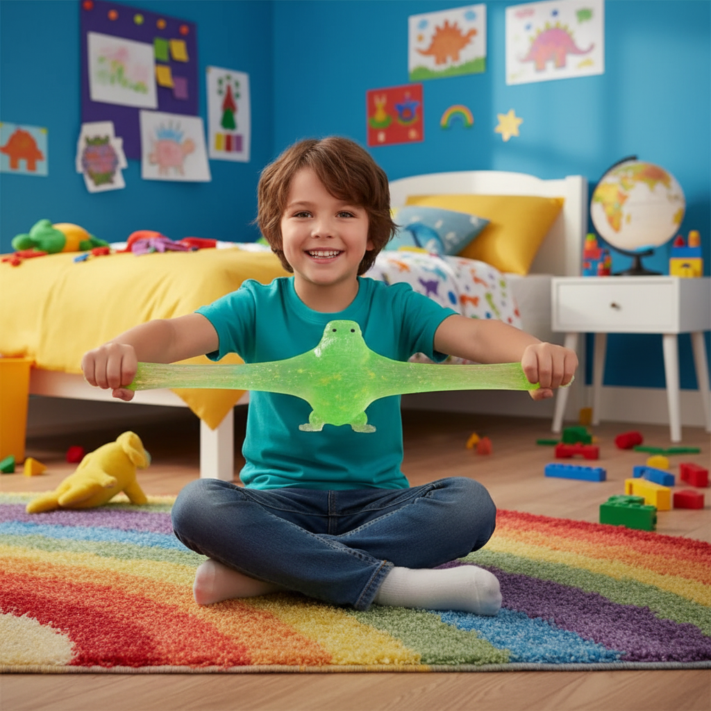 Delighted boy stretching the arms of a neon green Stretch and Squeeze Gorilla Gel Toy wide apart in a colourful bedroom