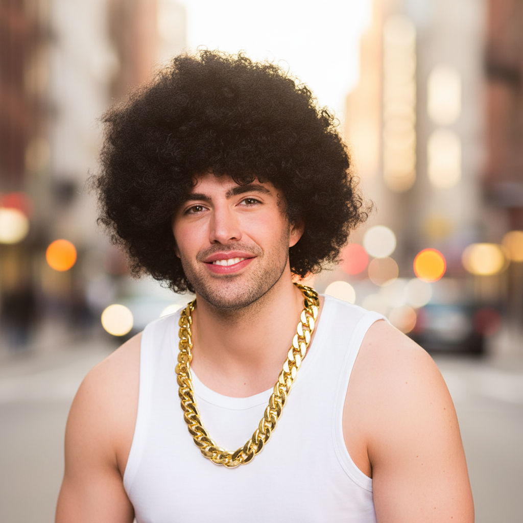 Confident man wearing chunky gold chain necklace 68cm over white t-shirt, urban street style