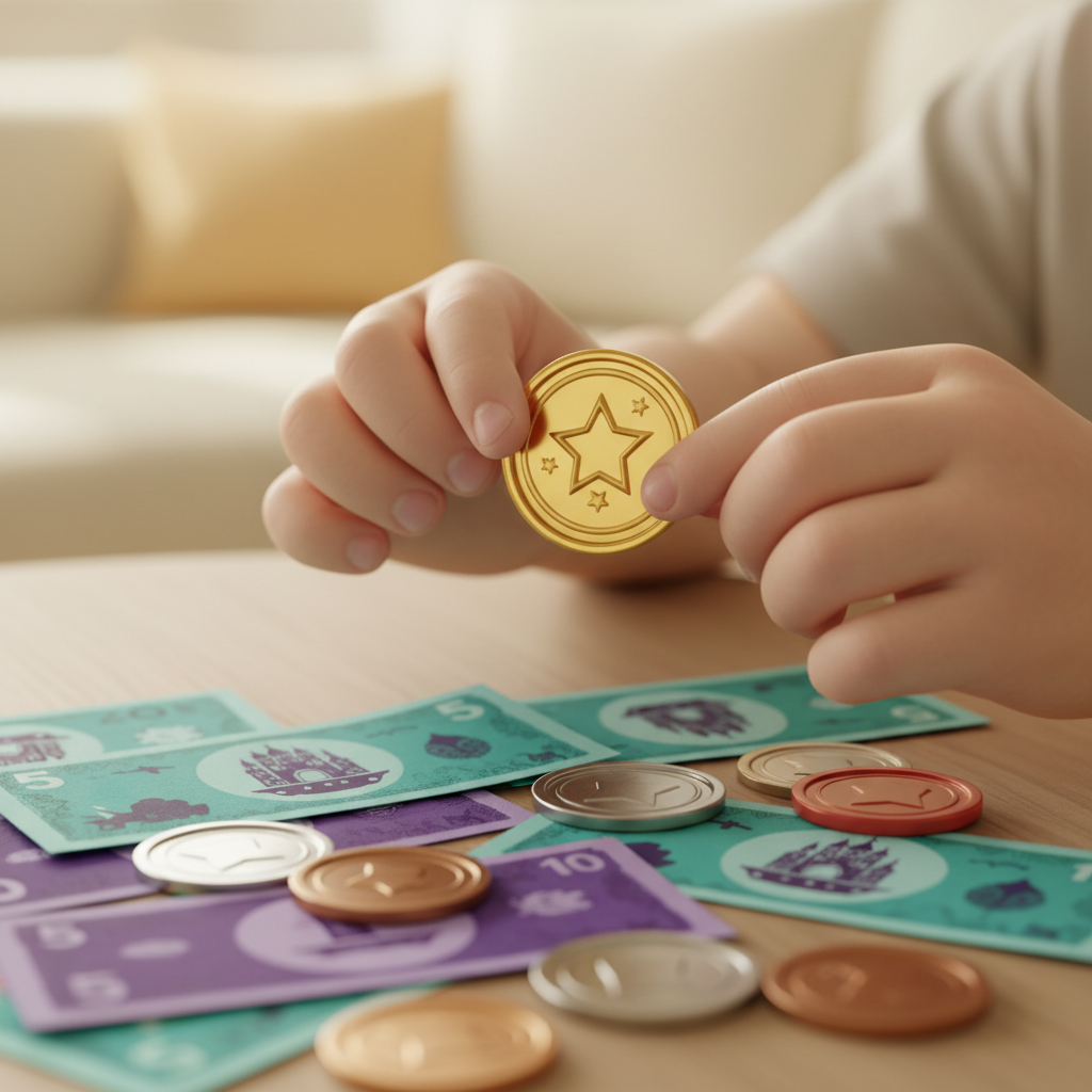 Child's hands picking up gold plastic play coin from spread of colourful play money notes and coins