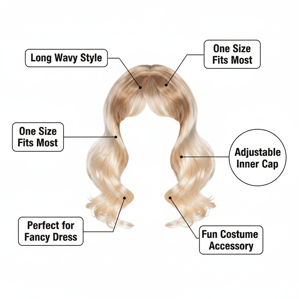 Lifeguard Pamela Babe Wig feature infographic with 5 A+ callout labels on white background