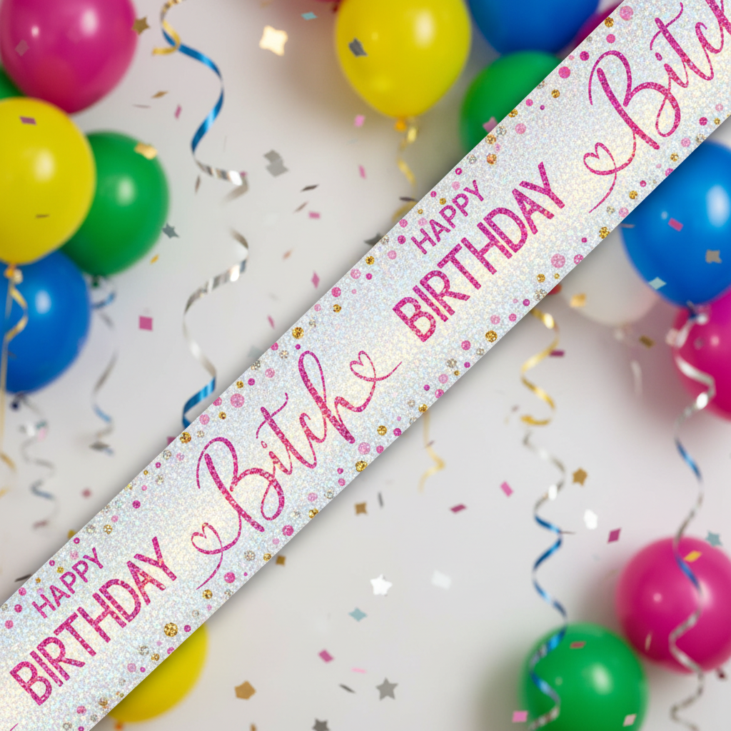 9ft holographic Happy Birthday Bitch banner with enhanced shimmer against colorful party background with balloons and confetti