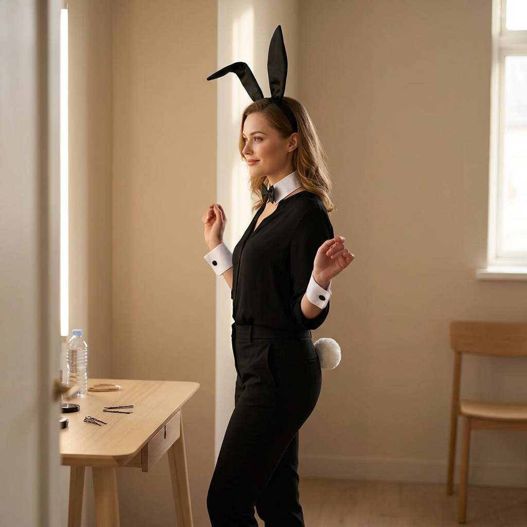 A woman wearing a black bunny costume with long black bunny ears, a black top and pants, white shirt collar, white cuffs, and a white fluffy tail, standing in a brightly lit room.