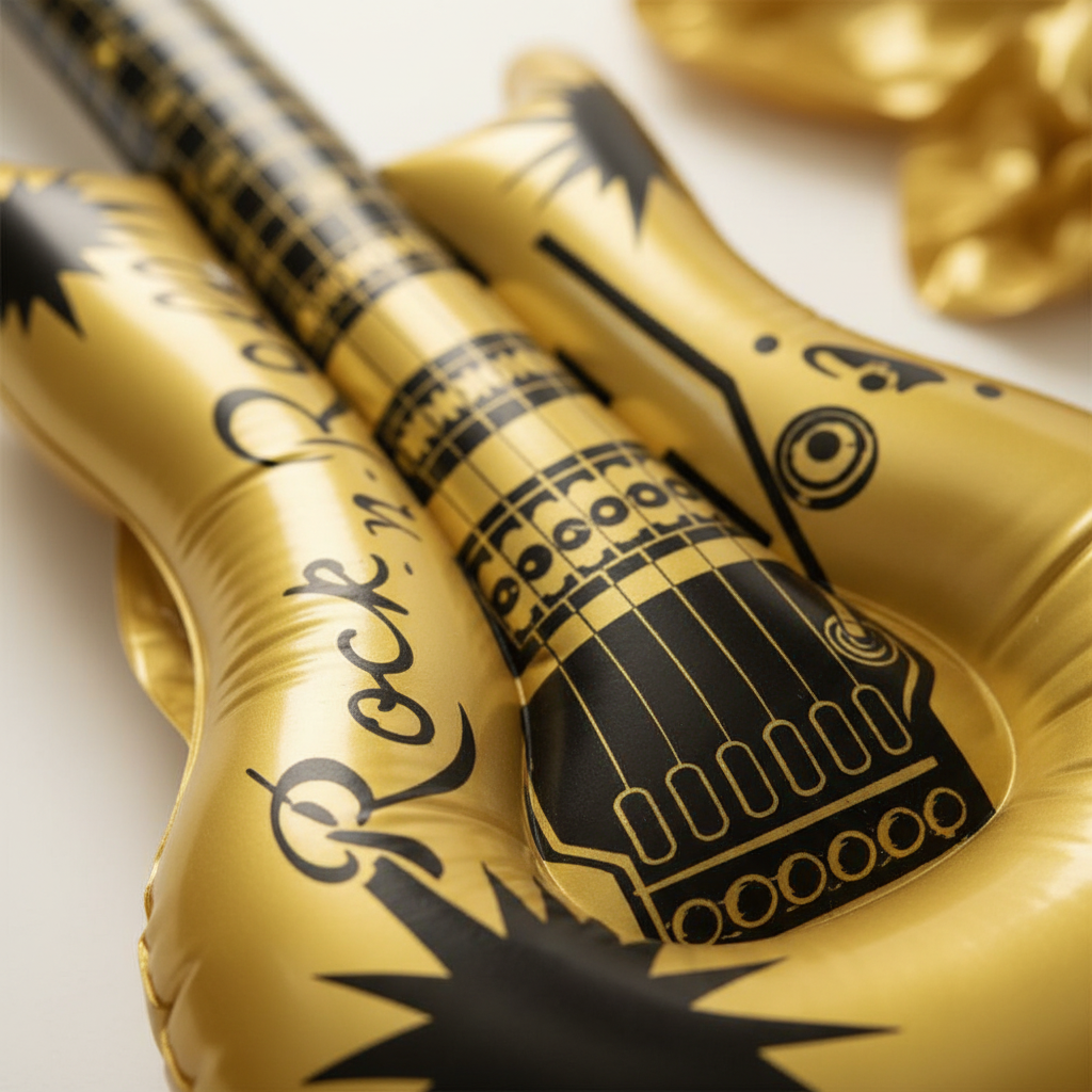 Extreme macro close-up of gold metallic inflatable guitar body showing glossy PVC texture and Rock n Roll starburst graphics