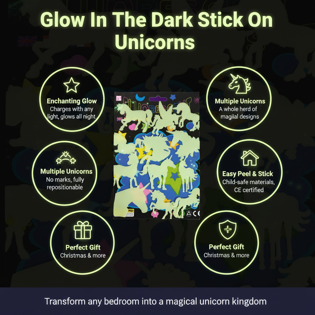 Glow In The Dark Stick On Unicorns – luminous glow-in-the-dark unicorn wall stickers, easy peel and stick, repositionable, no marks, safe for ages 3+, CE certified, perfect kids bedroom gift for birthdays and Christmas