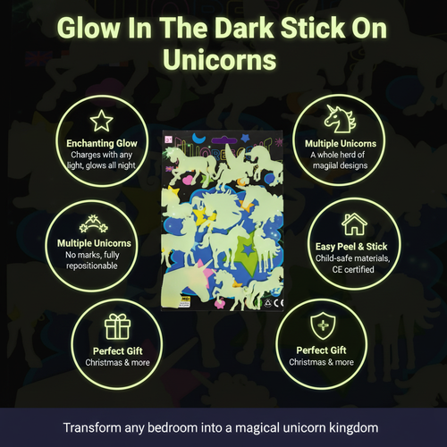 Glow In The Dark Stick On Unicorns – luminous glow-in-the-dark unicorn wall stickers, easy peel and stick, repositionable, no marks, safe for ages 3+, CE certified, perfect kids bedroom gift for birthdays and Christmas