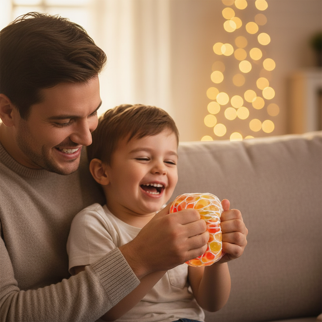 Parent and child laughing together on sofa as child squeezes mesh bead stress ball in golden hour light
