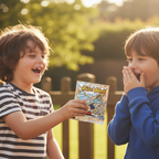 Child handing Henbrandt Silver Fart Bomb Bag to friend with surprised laughing reaction, warm bokeh background