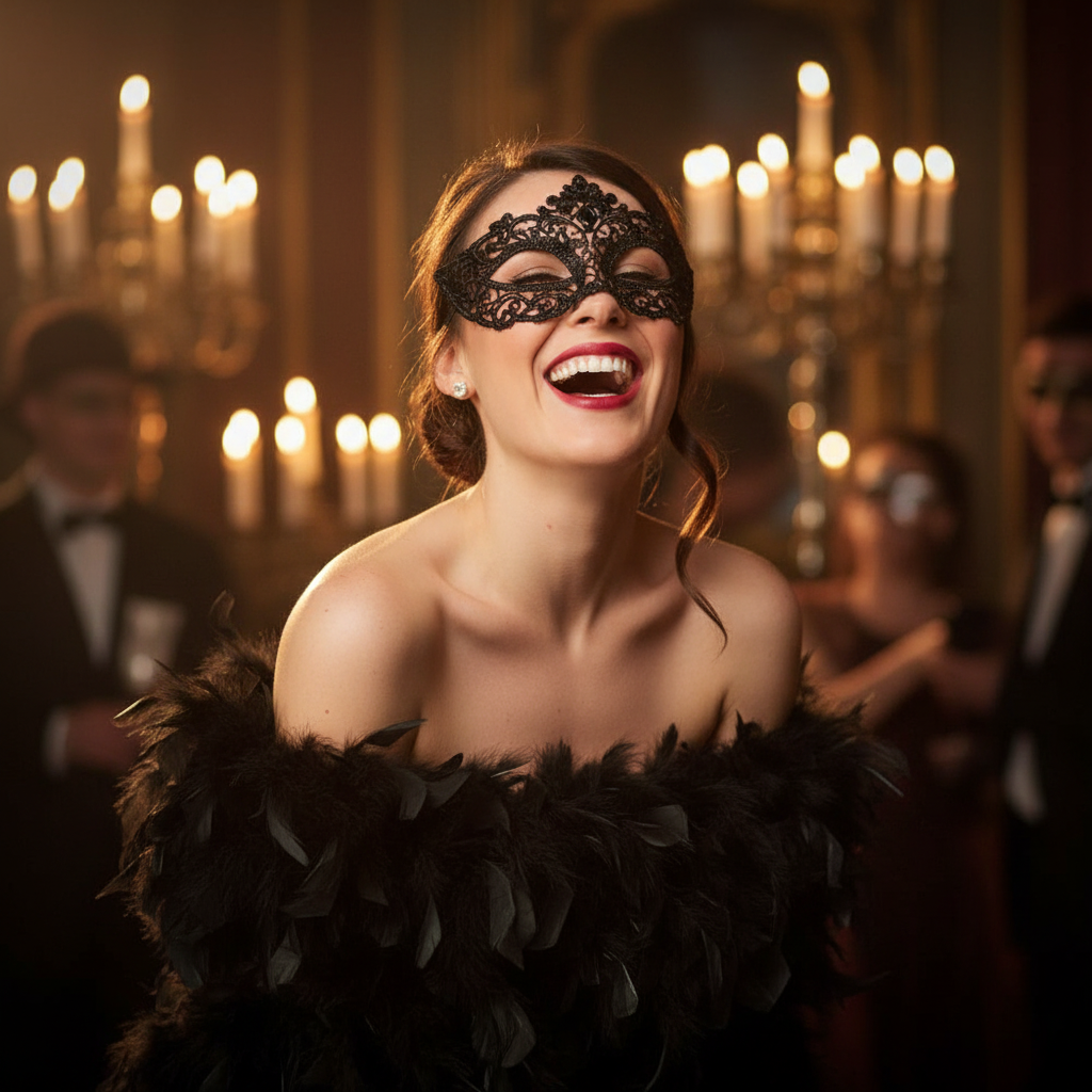 Woman laughing at a masquerade ball draped in a deep matte black feather boa, golden hour cinematic lighting