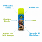 Party Success Fluorescent Yellow Hair Colour Spray 125ml feature infographic with callout labels highlighting UV reactive formula, fine mist nozzle, and wash-out formula