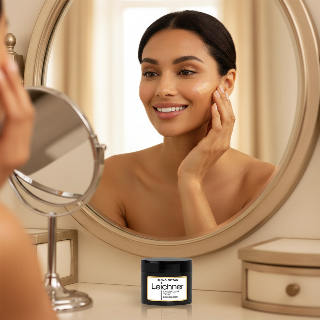 Woman admiring her flawless radiant skin in mirror after using Leichner Camera Clear Foundation
