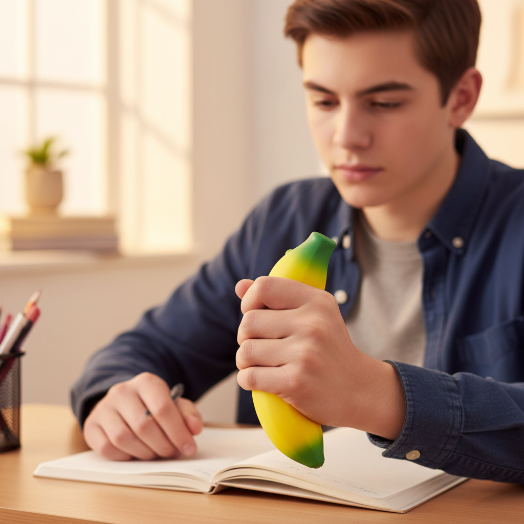Teenager squeezing yellow squishy banana stress toy at study desk with books