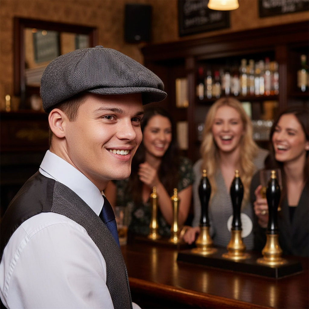 Person wearing grey herringbone flat cap at vintage British pub social gathering