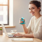 Woman squeezing a glittery unicorn stress toy at her office desk – novelty stress relief toy for adults