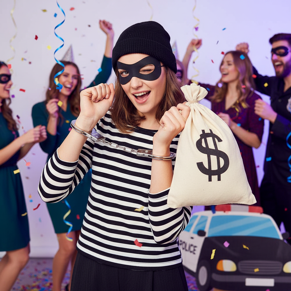 Metal handcuffs costume accessory in playful themed party setting - action shot