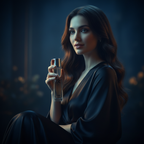 Aspirational cinematic scene — elegant woman holding Immortal EDP perfume in soft moonlit light, feeling timeless and unforgettable
